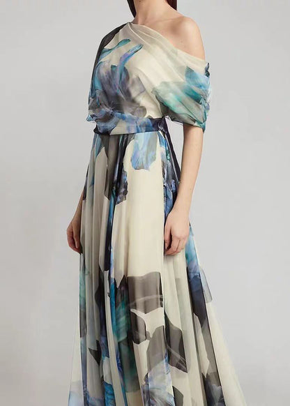 Ladies' French Sky Blue Asymmetric Printed Chiffon Long Skirt Summer