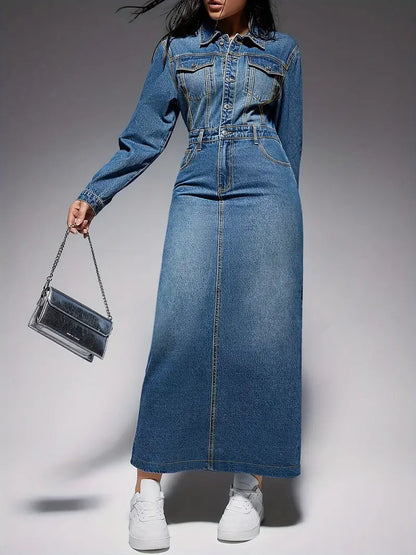 Denim Button-Front Chest Pocket Belted Column Maxi Dress