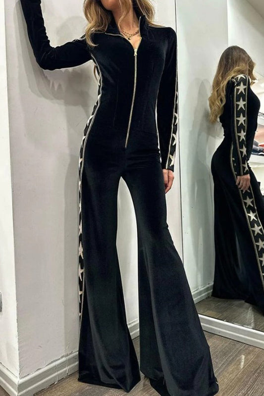 Star-print Velvet Patchwork Zipped Wide-leg Jumpsuit(ONE SIZE DOWN)