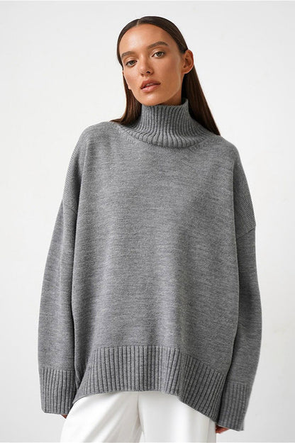 Solid High Neck Slouchy Slim-Fit Knit Sweater