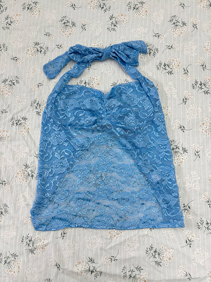 Lace-Paneled Open-Back Halterneck Top