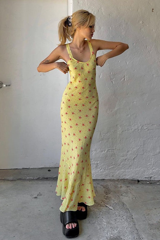 Scoop Neck Tank Strap Ditsy Floral Satin Slip Maxi Dress