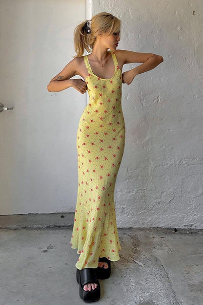 Scoop Neck Tank Strap Ditsy Floral Satin Slip Maxi Dress