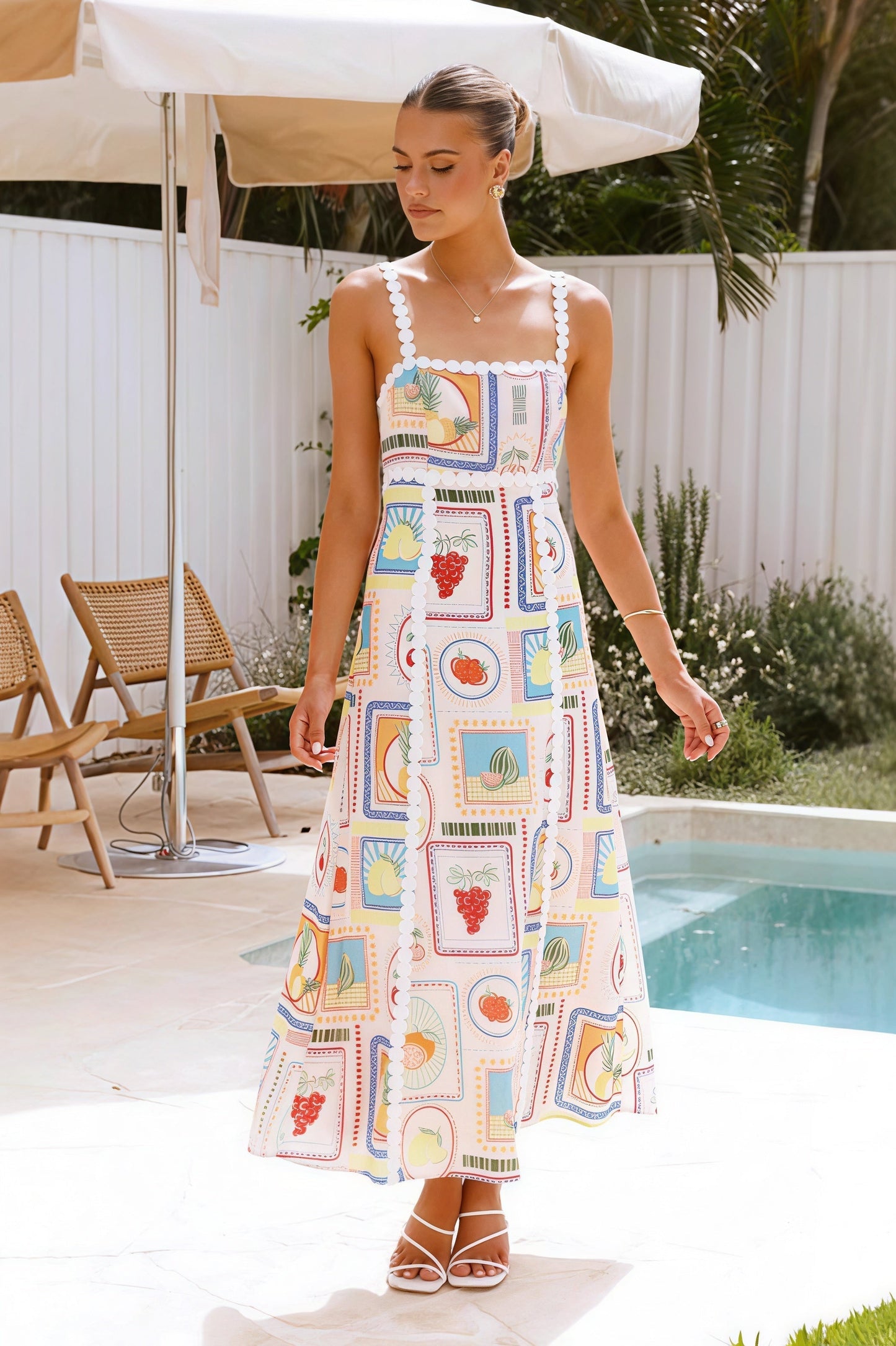 Fruit Print Square Neck Wide Strap Scalloped Lace Trim Panel Midi Dress