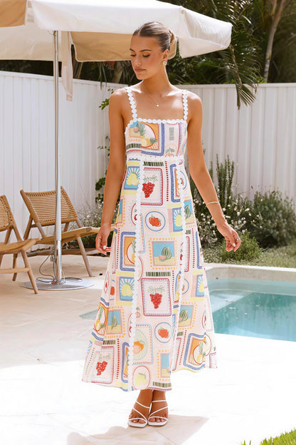 Fruit Print Square Neck Wide Strap Scalloped Lace Trim Panel Midi Dress
