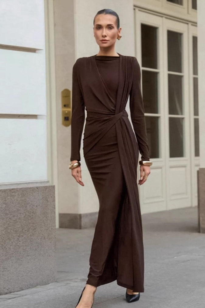 Draped Twist Front Ruched Long Sleeve Maxi Gown