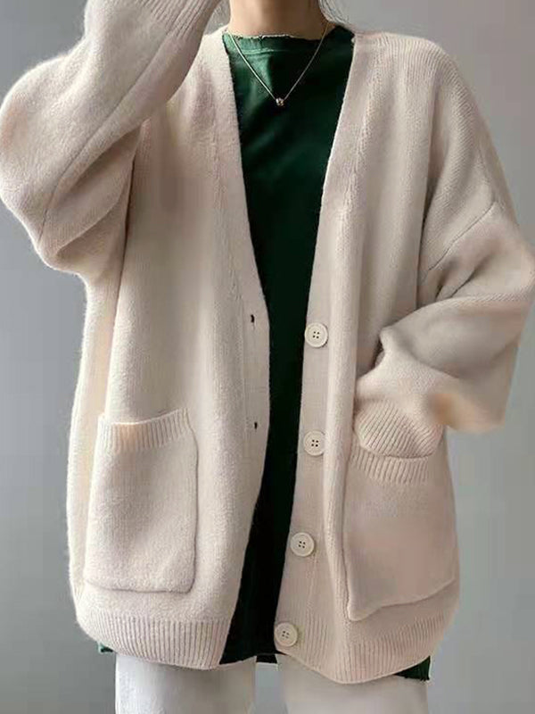 Solid V Neck Breasted Knit Cardigan