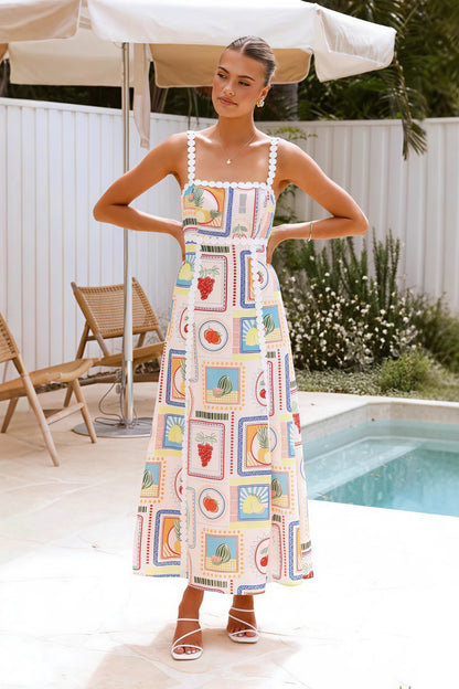 Fruit Print Square Neck Wide Strap Scalloped Lace Trim Panel Midi Dress