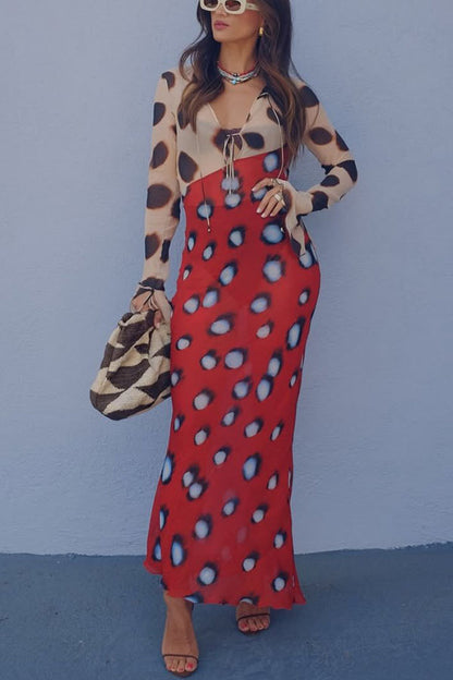 Sabine Animal and Butterfly Print Colorblock Long Sleeve Bias Cut Maxi Dress