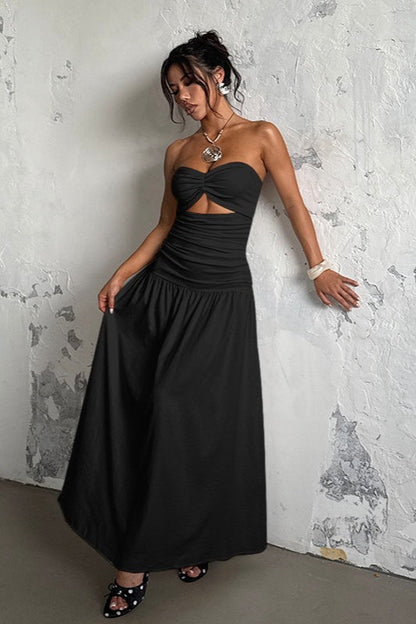 Strapless Twist Front Cutout Ruched Tiered Maxi Dress