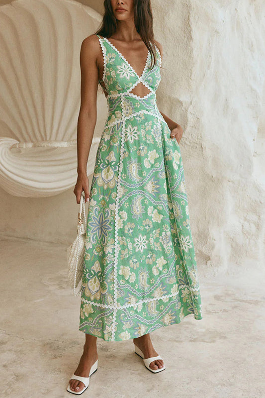 Linen Blend Unique Print V-neck Sleeveless Cutout Waist-cinching Maxi Dress