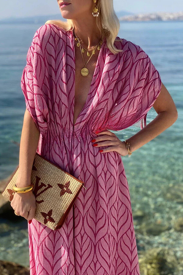 Abstract Flame Print Kimono Sleeve Drawstring Waist Front Slit Maxi Dress