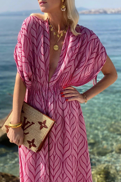 Abstract Flame Print Kimono Sleeve Drawstring Waist Front Slit Maxi Dress