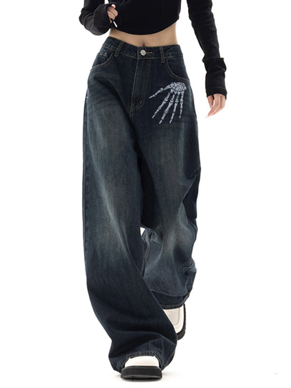 Washed Skull Print Boyfriend Jeans