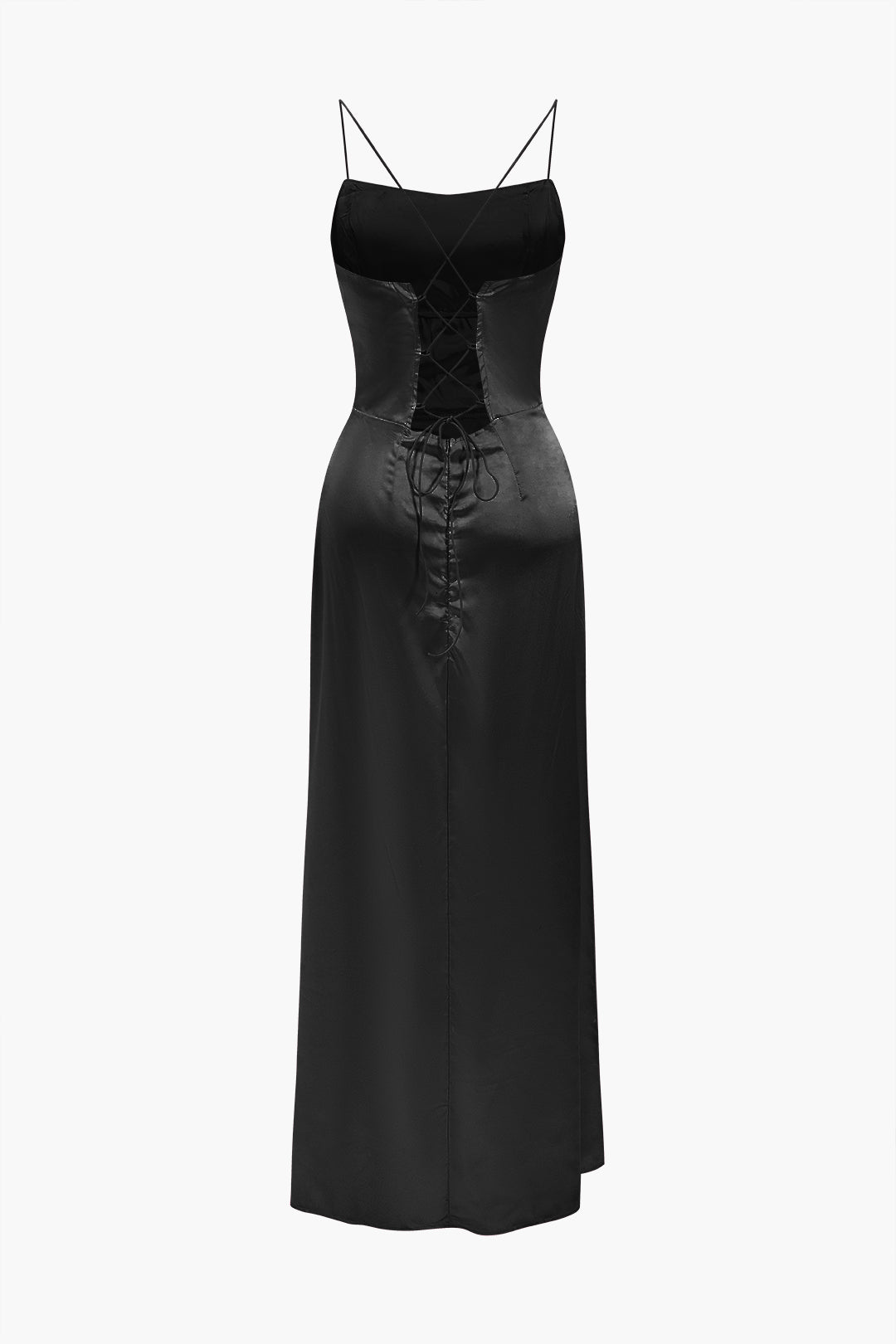 Cowl Neck Corset Bodice Spaghetti Strap Satin High Slit Maxi Dress