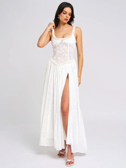 Sweetheart Ruffle Trim Corset Pleated High Slit Abstract Print Maxi Dress