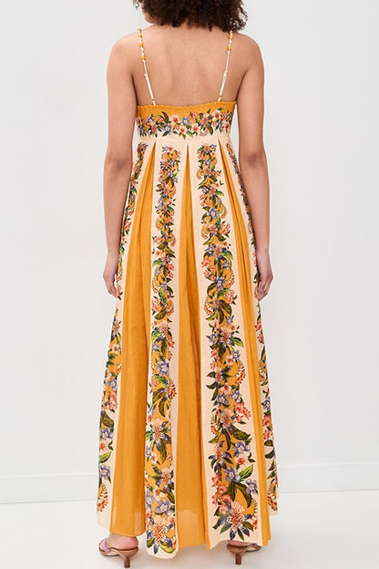 Bloom Bright Linen Blend Floral Print Beaded Shoulder Straps Pocket Maxi Dress