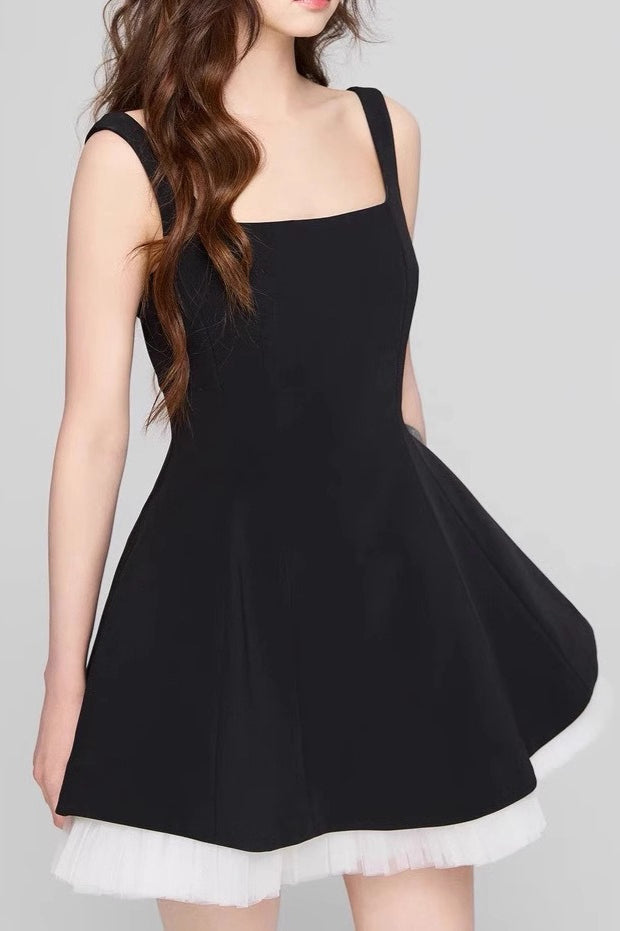 Square Neck Princess Seam Tulle Underlay Fit and Flare Mini Dress