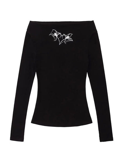 Spider Print Off Shoulder Long Sleeve Tee