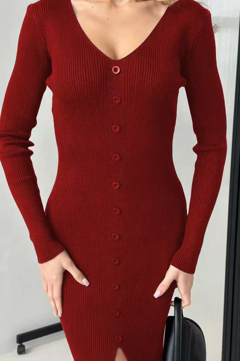 V-Neck Bodycon Knit Sweater Dress