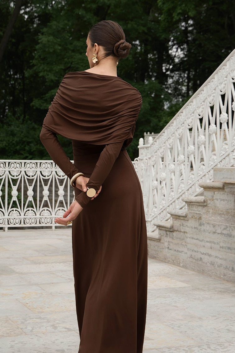 Asymmetric Draped Twist Neck Long Sleeve Side Ruched Bodycon Maxi Dress