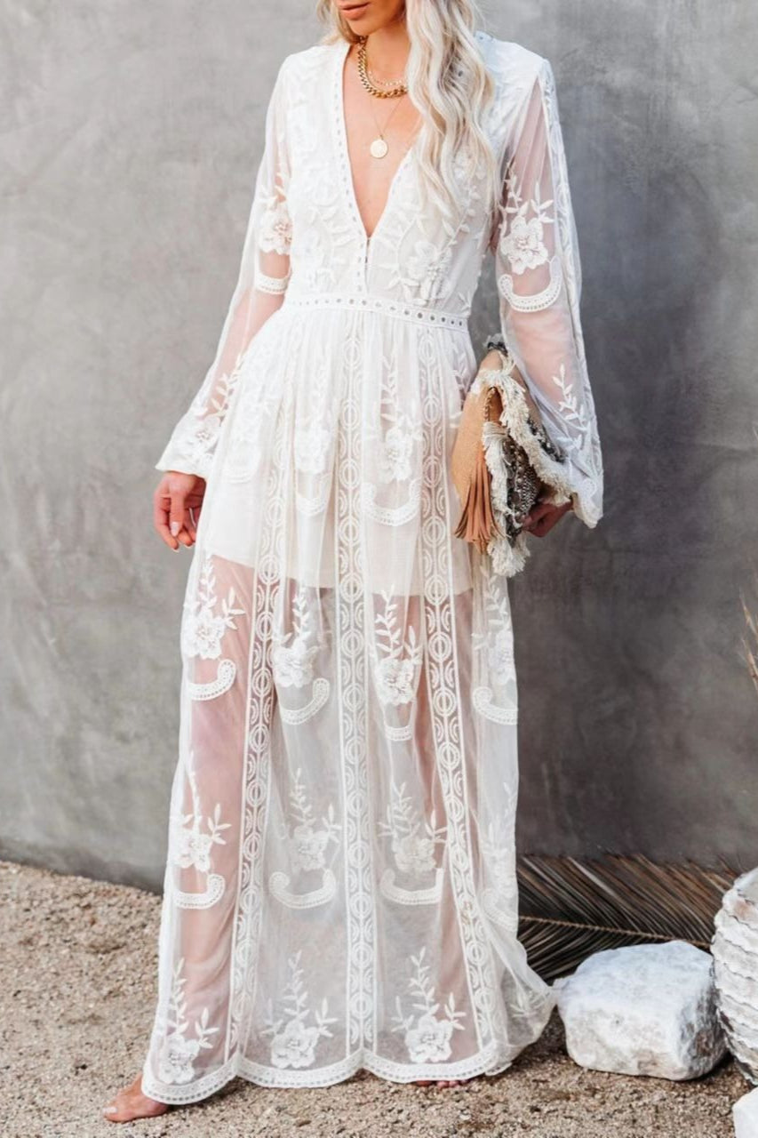 Embroidered Sheer Overlay Plunge V-Neck Bishop Sleeve Slit Maxi Dress