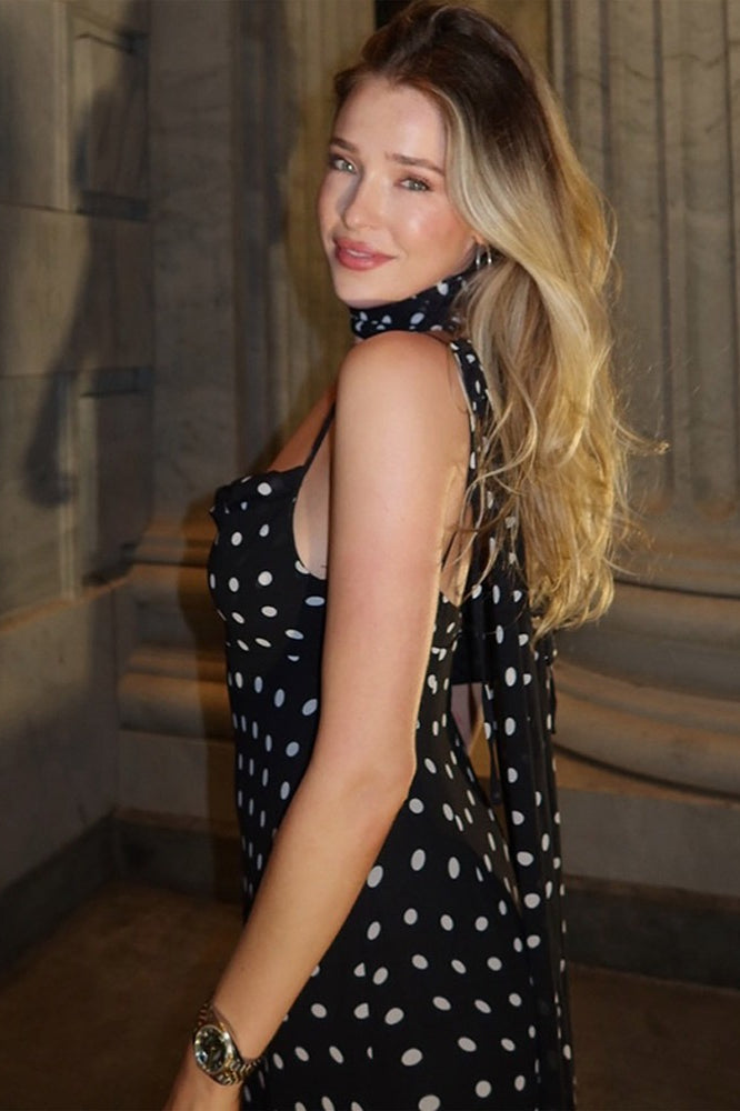 Polka Dot Spaghetti Strap Scarf Neck Ruched Tiered Bodycon Maxi Dress