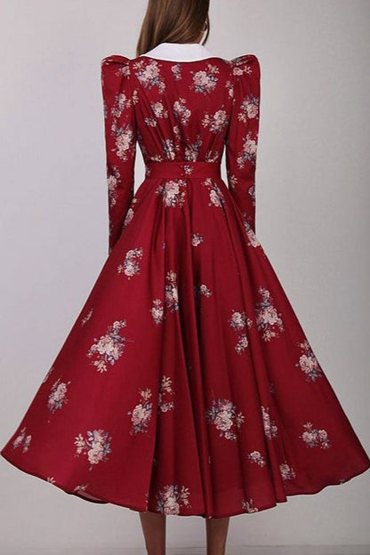 Pointed Collar Puff Shoulder Long Sleeve Cinched Waist Floral Midi Dress