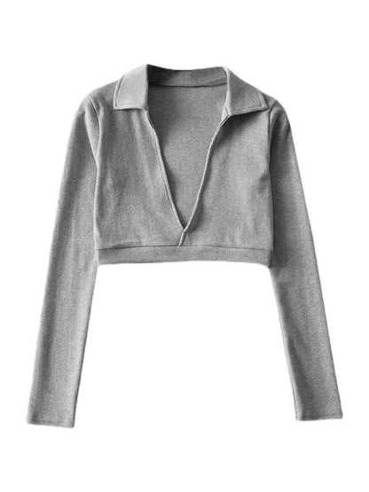 Solid Color Plunge Neck Crop Long Sleeve Knit