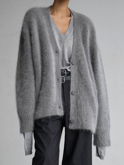 Fuzzy V Neck Loose Cardigan Sweater