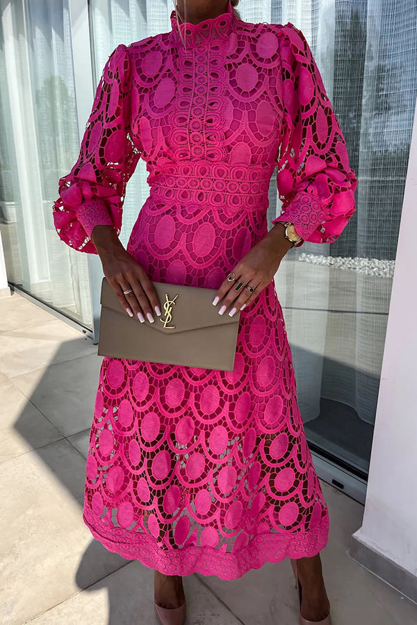 Guipure Lace Mock Neck Bishop Sleeve Inset Waist Midi Dress