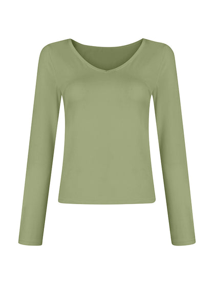 Solid V Neck Slim Long Sleeve Tee