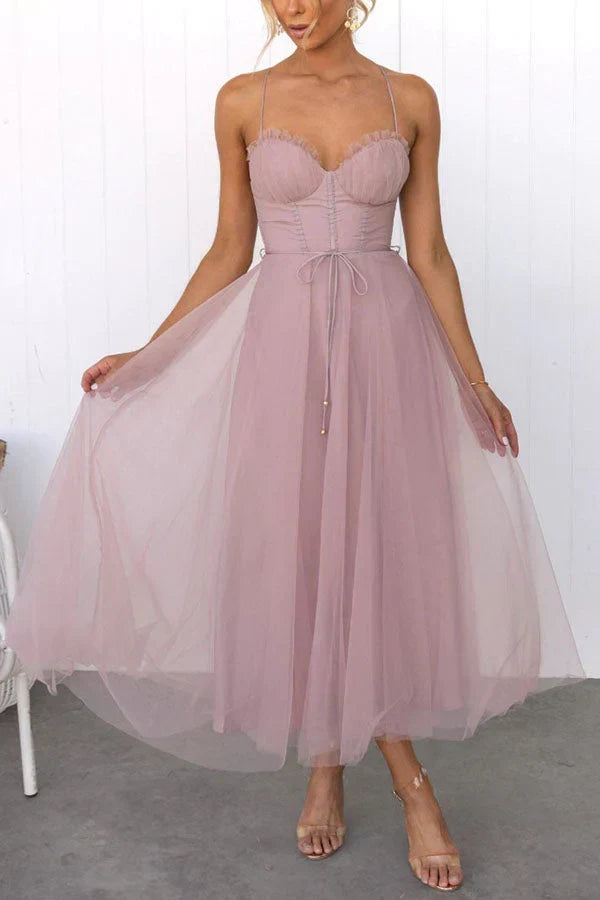 Sweetheart Neck Spaghetti Strap Corset Lace Up Tulle Skirt Midi Dress