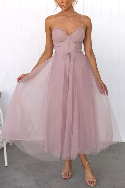 Sweetheart Neck Spaghetti Strap Corset Lace Up Tulle Skirt Midi Dress