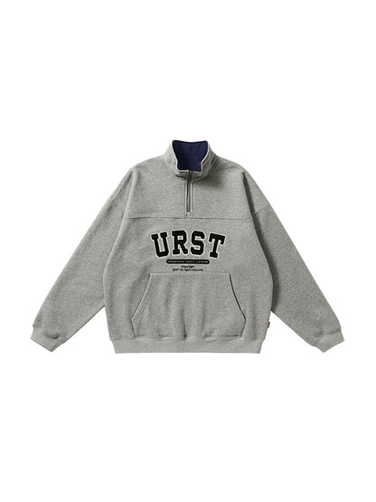 Letter Embroidery Lapel Neck Half Zipper Sweatshirt