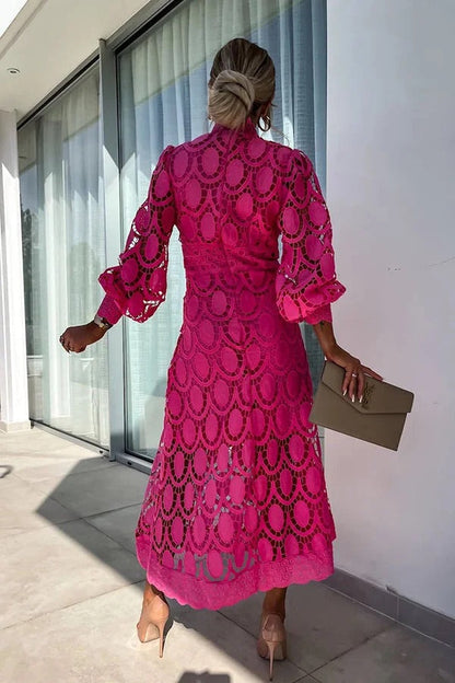 Guipure Lace Mock Neck Lantern Sleeve Scalloped Hem Hollow Out Midi Dress