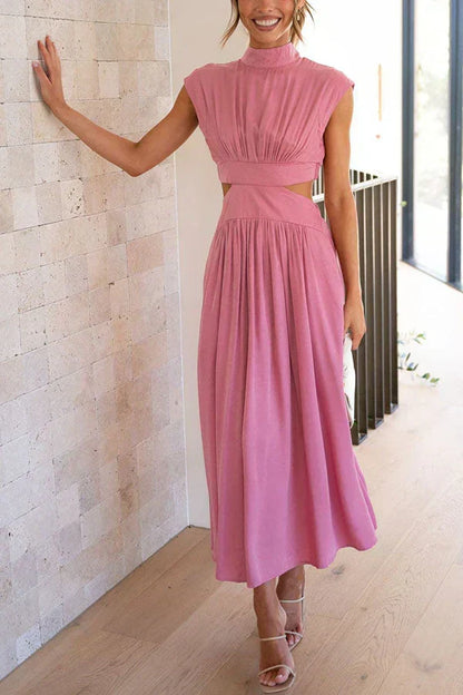 Mock Neck Sleeveless Side Waist Cutout Pleated A-Line Maxi Dress