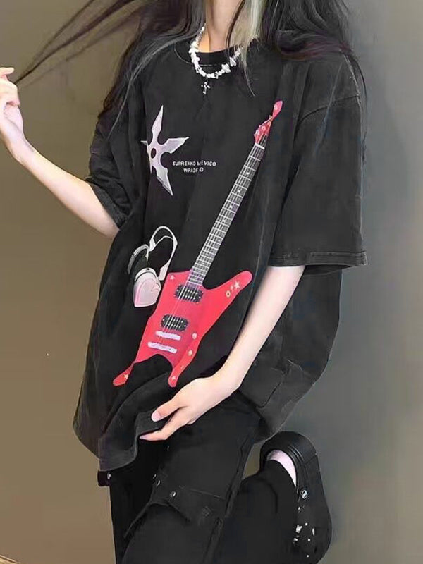 Guitar Print Oversized Short Sleeve Tee