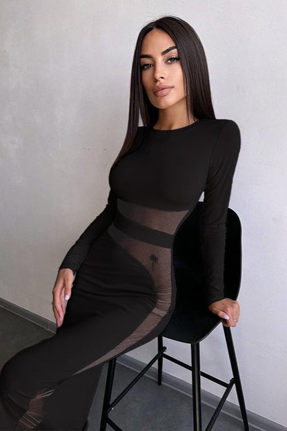 Crew Neck Mesh Panel Side Cutout Long Sleeve Bodycon Midi Dress