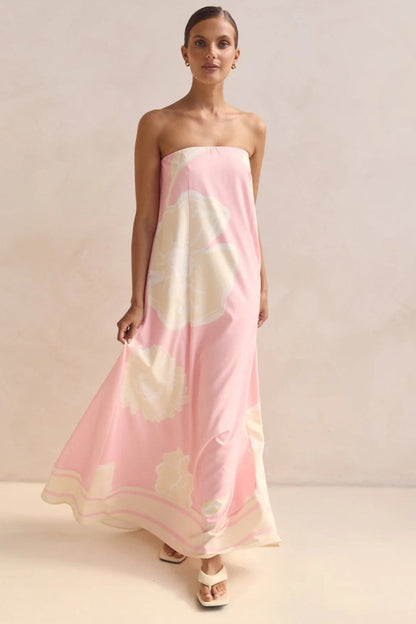 Strapless Tube Contrast Band A-Line Maxi Dress
