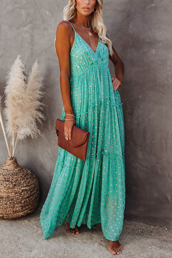 Polka Dot Print V-Neck Spaghetti Strap Tiered Ruffle Trim Maxi Dress