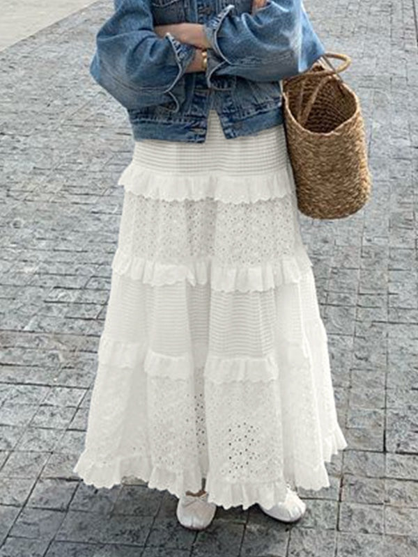 A Line Cutout Waffle Patchwork Midi Skirt