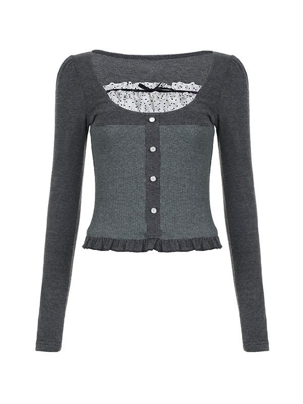 Square Neck Polka Dot Splice Fungus Long Sleeve Knit