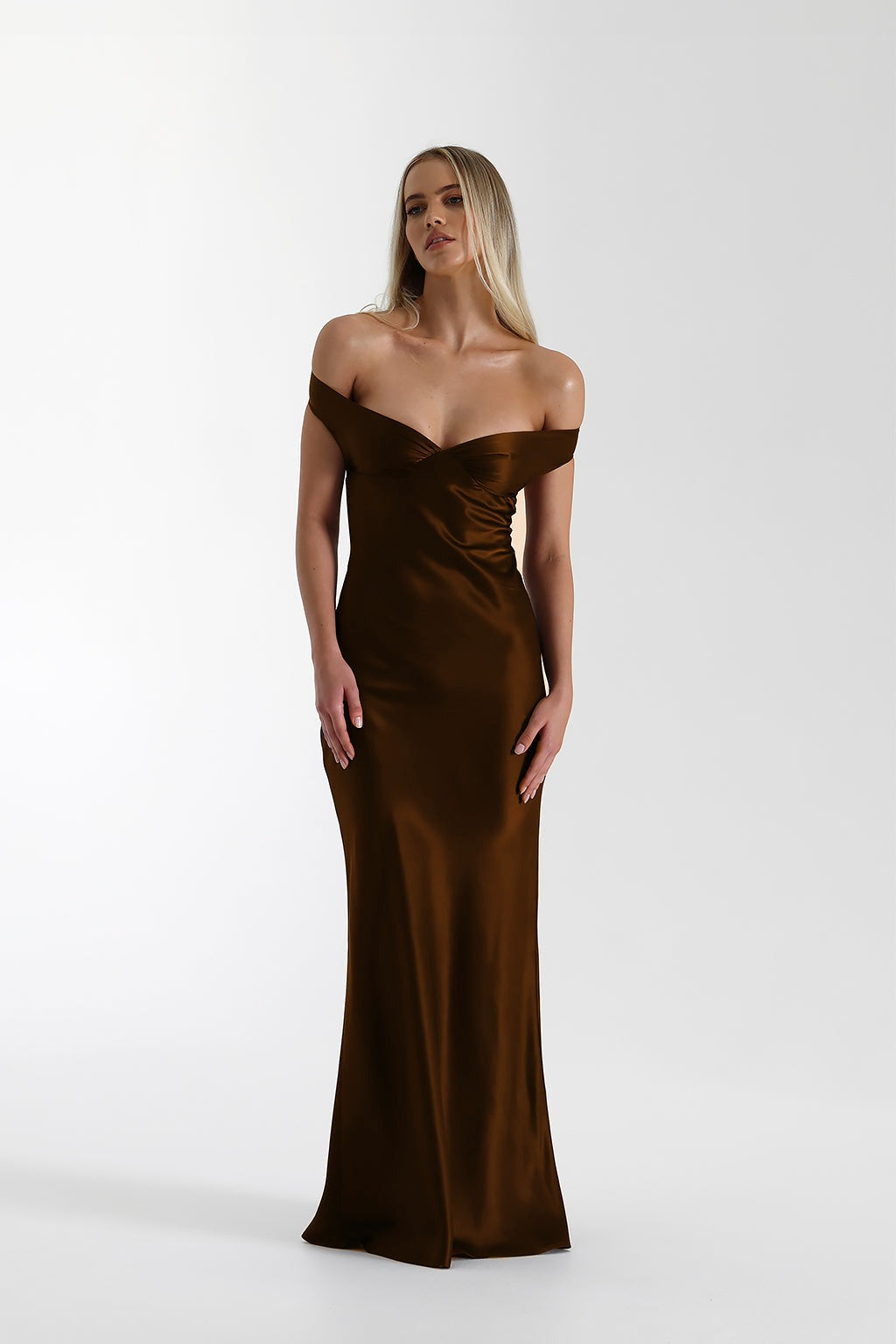 | Satin Mermaid Off Shoulder Maxi Dress