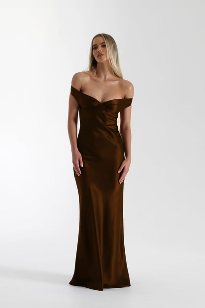 | Satin Mermaid Off Shoulder Maxi Dress