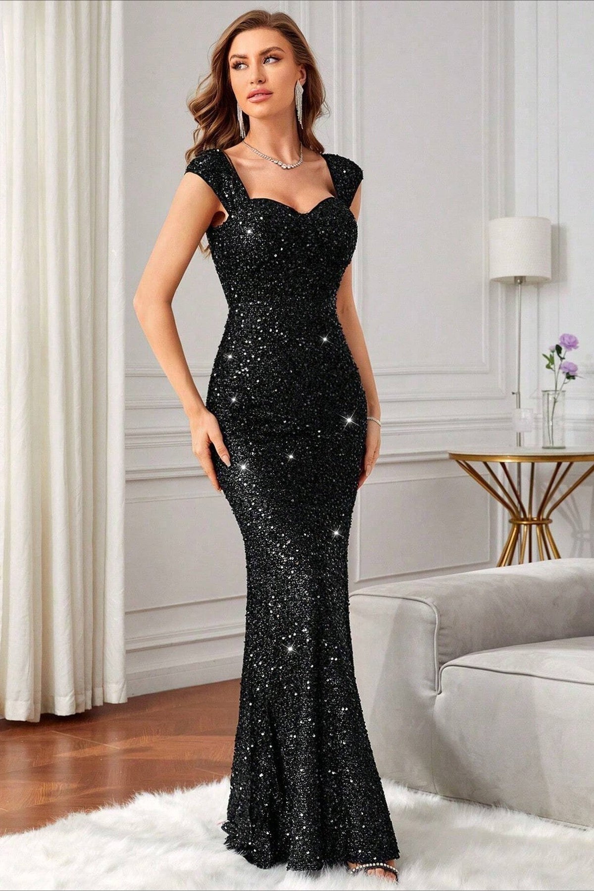 Sequin Embellished Sweetheart Cap Sleeve Mermaid Maxi Gown