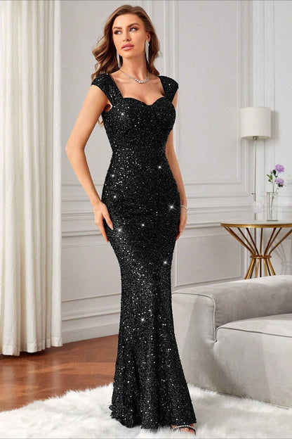 Sequin Embellished Sweetheart Cap Sleeve Mermaid Maxi Gown