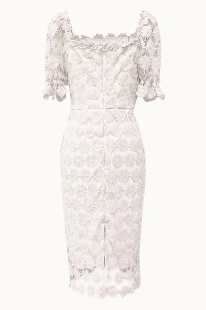 Floral Lace Square Neck Puff Sleeve Scalloped Hem Bodycon Midi Dress