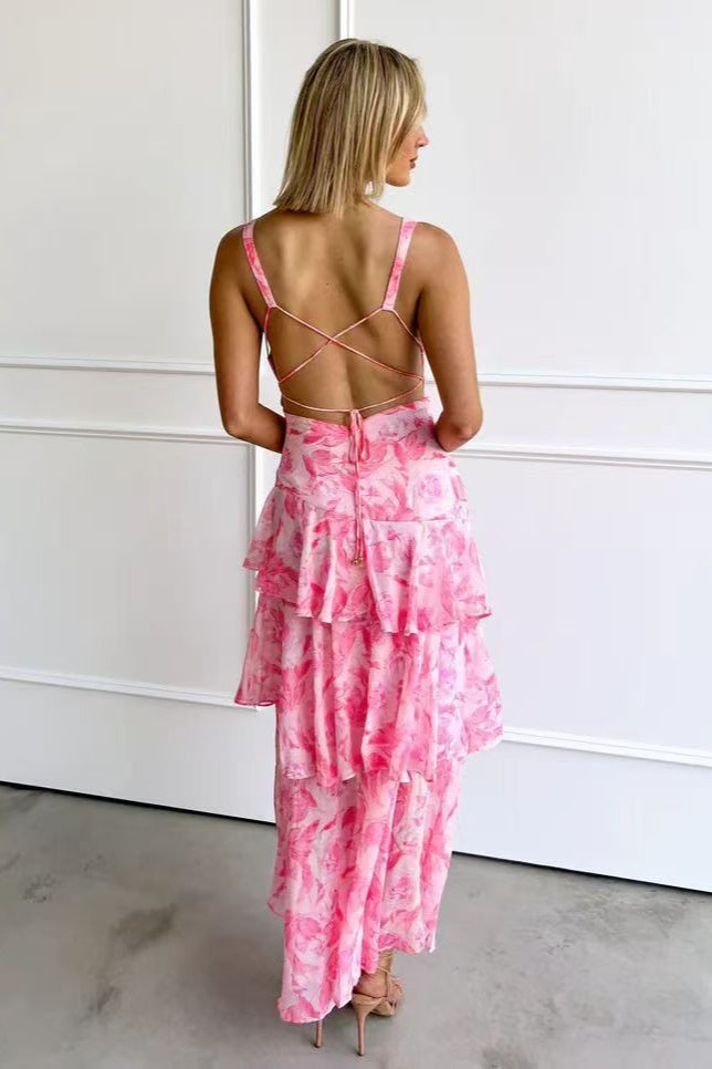 Deep V Neck Sleeveless Tiered Ruffle Floral Maxi Dress