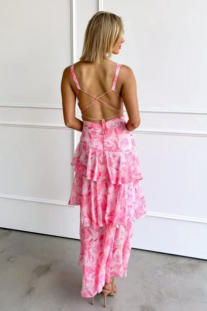 Deep V Neck Sleeveless Tiered Ruffle Floral Maxi Dress